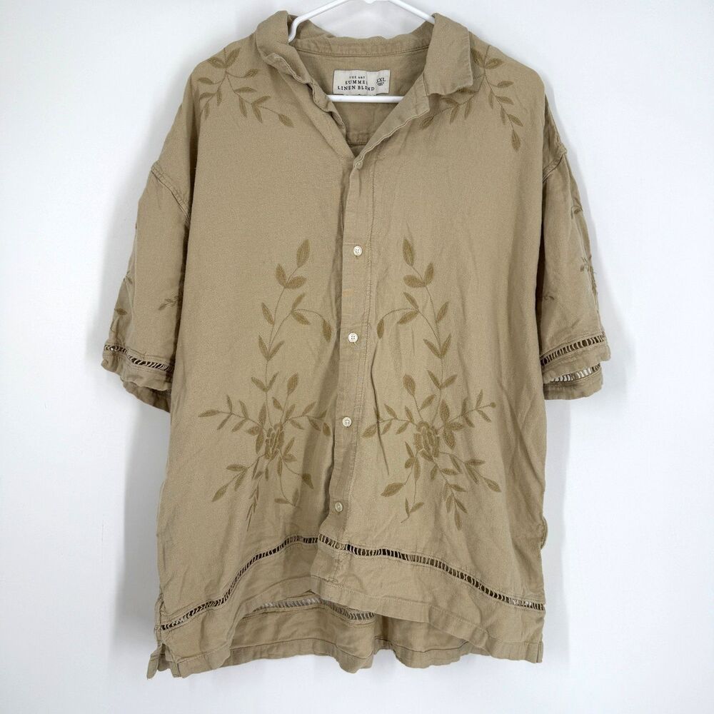 Abercrombie Fitch Summer Linen Blend Camp Shirt Mens XXL Floral Embroidered